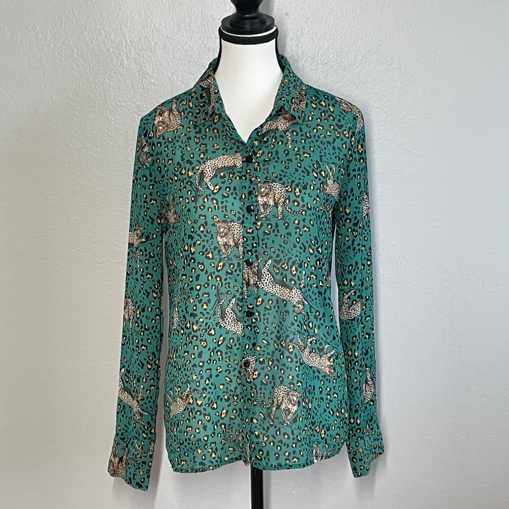 Lulus Green Leopard Print Button-Down Blouse Size… - image 1